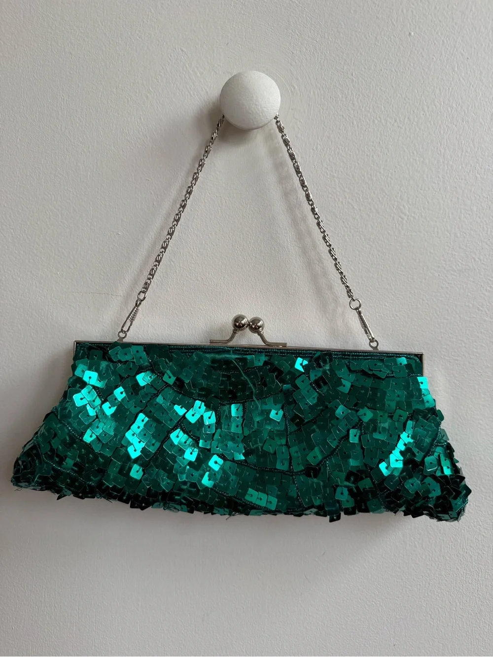 Apt. 9 Teal Sequin Clutch, Silver Kiss-Lock Frame, Chain Strap